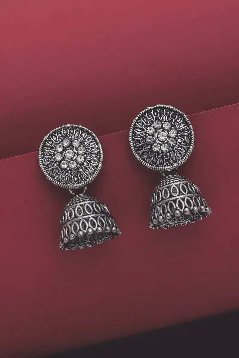 Set of 2 Pairs Oxidised Silver Jhumka Earrings for Women