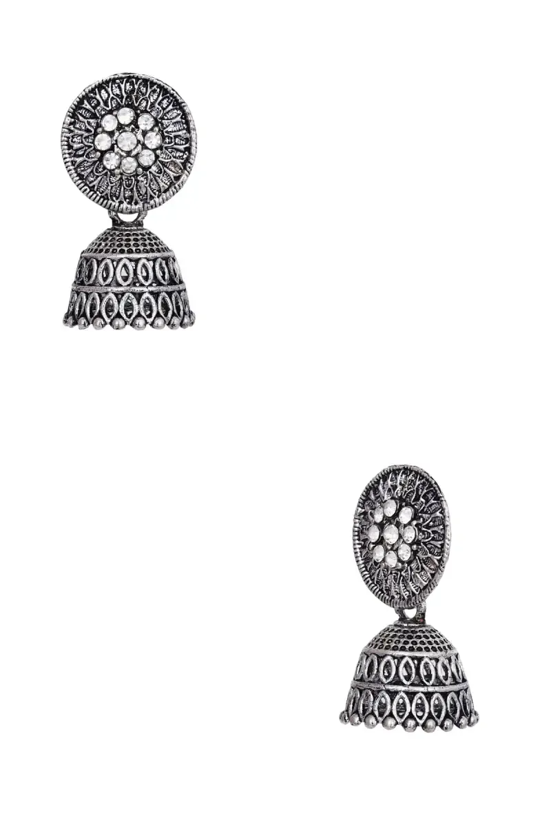 Set of 2 Pairs Oxidised Silver Jhumka Earrings for Women