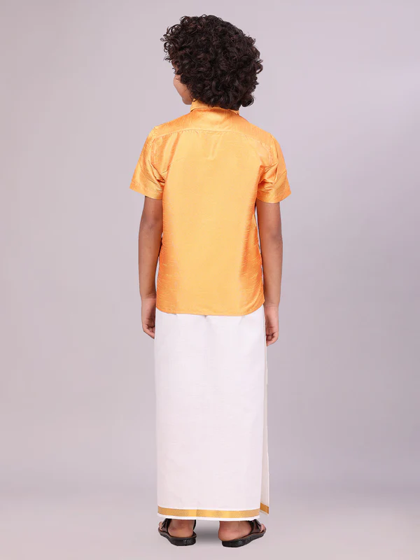 Boys Golden Yellow Color Half Sleeves Shirt with Gold Jari Flexi Dhoti