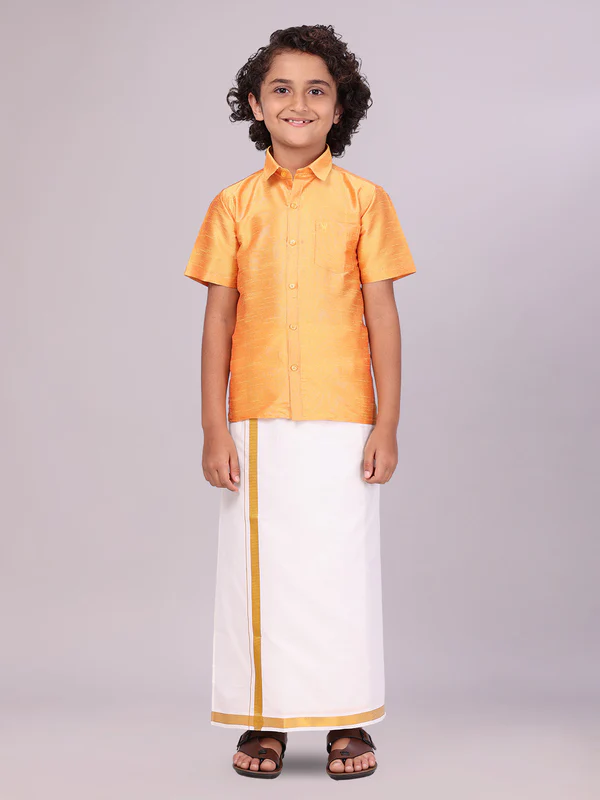 Boys Golden Yellow Color Half Sleeves Shirt with Gold Jari Flexi Dhoti