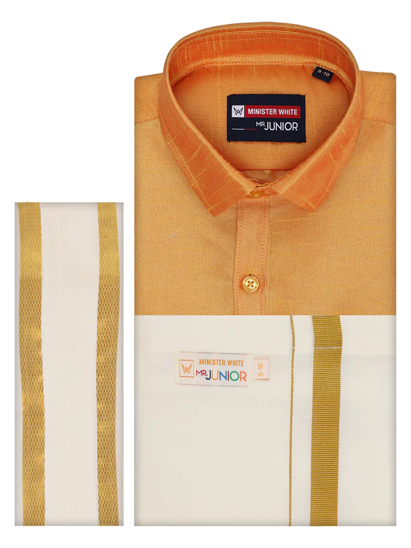 Boys Golden Yellow Color Half Sleeves Shirt with Gold Jari Flexi Dhoti
