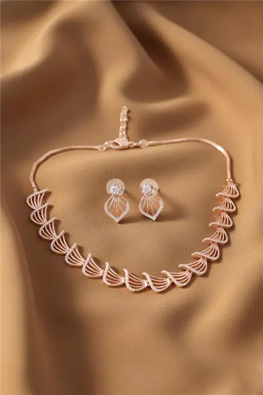 Rose Gold Fan Design AD Necklace Set