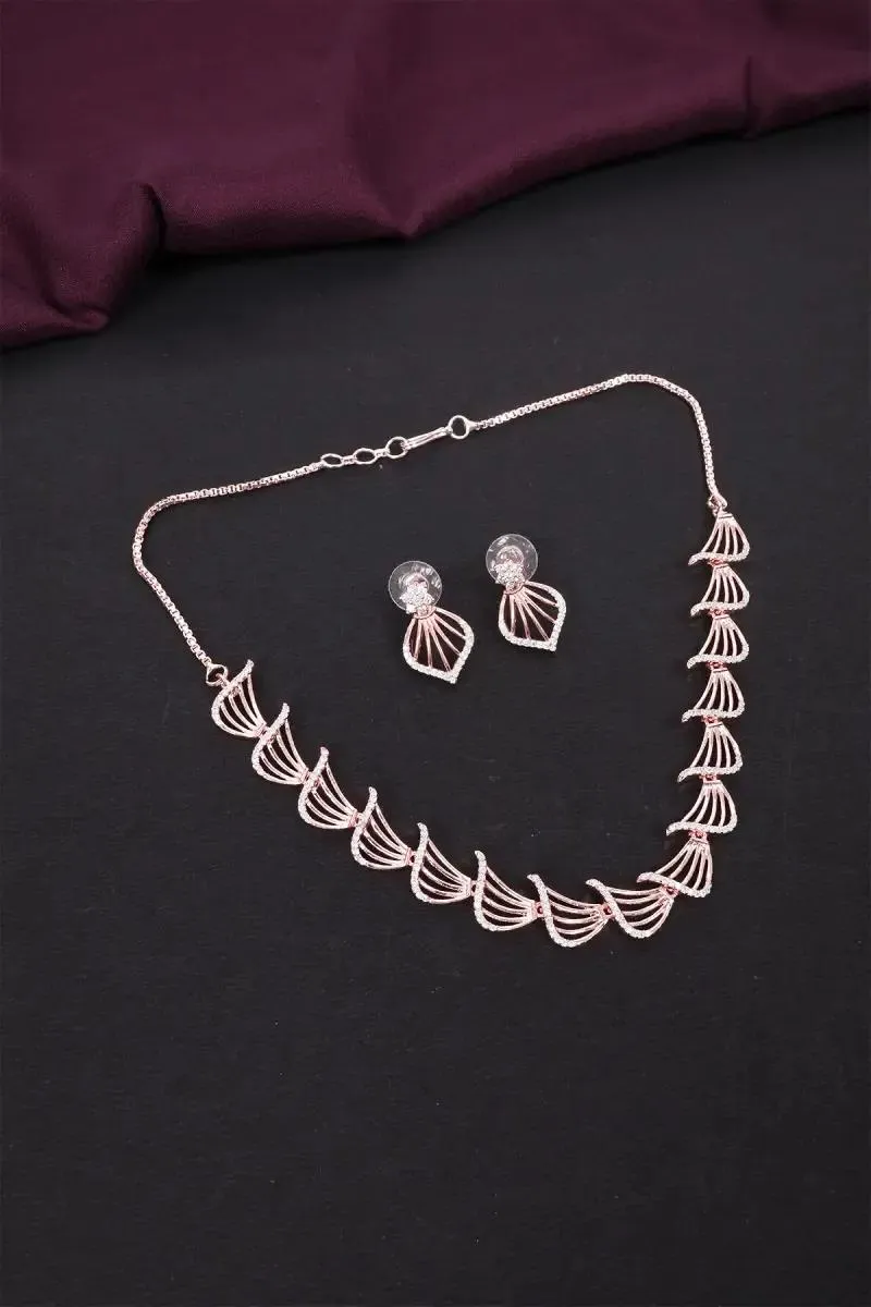 Rose Gold Fan Design AD Necklace Set
