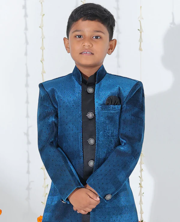 Blue sherwani set with solid kurta
