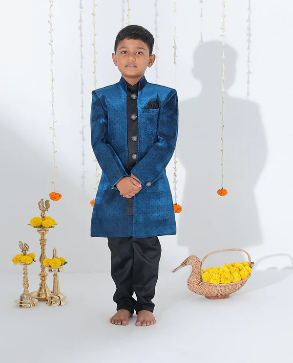 Blue sherwani set with solid kurta