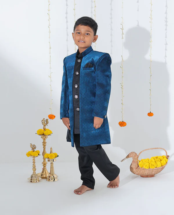 Blue sherwani set with solid kurta