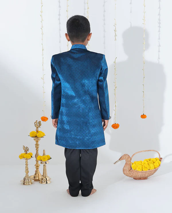 Blue sherwani set with solid kurta