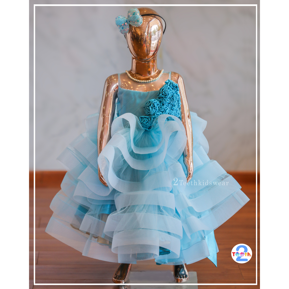 Sky Blue Floral Tiered Gown
