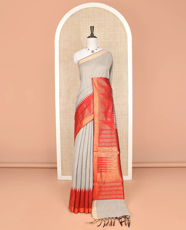 Grey Plain Dupion Silk Saree