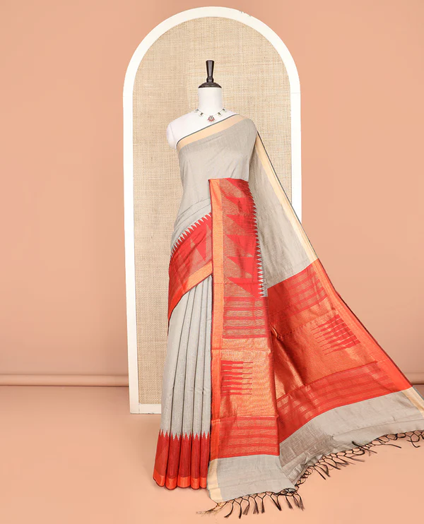 Grey Plain Dupion Silk Saree