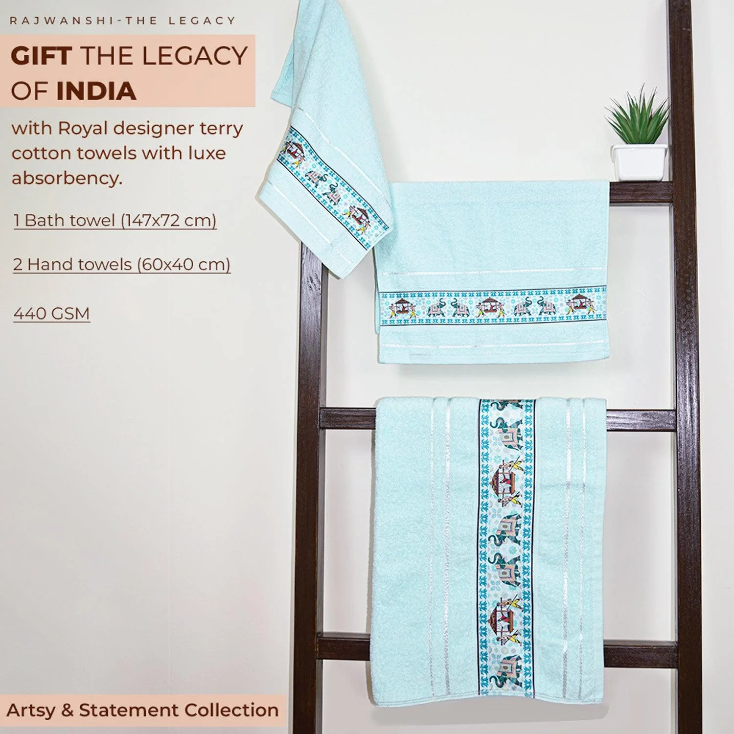 Royal Designed Rajvanshi 440 GSM Cotton Bath Towels ,Set of 3 (1 Bath & 2 Hand Towels)