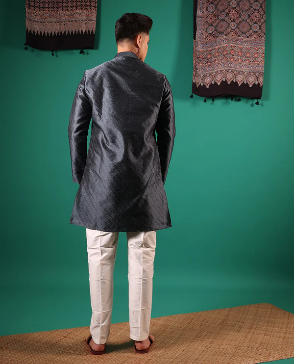 Dark grey texture embossed full-sleeved men's kurta
