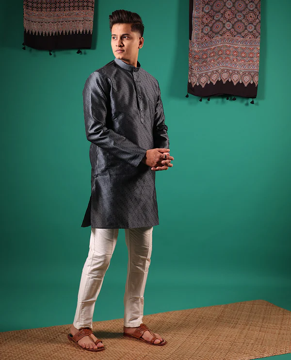 Dark grey texture embossed full-sleeved men's kurta
