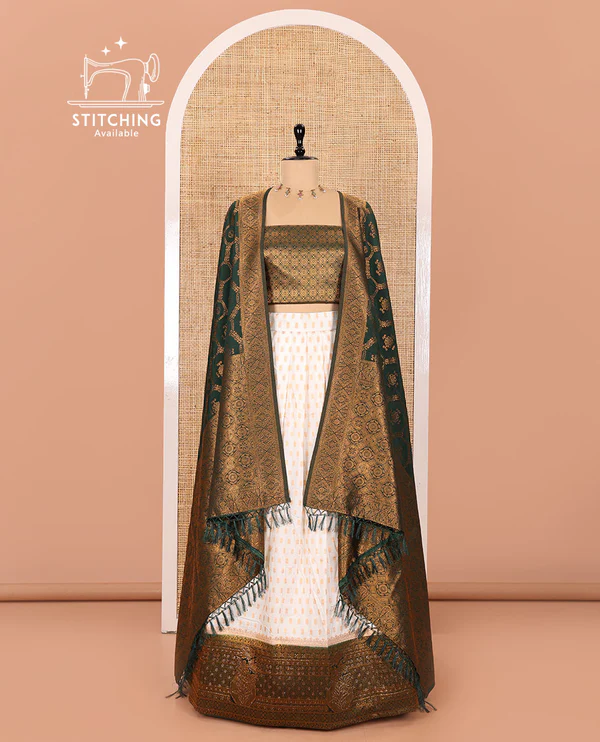 Cream and Dark Green Pure Georgette Crepe Half-Saree