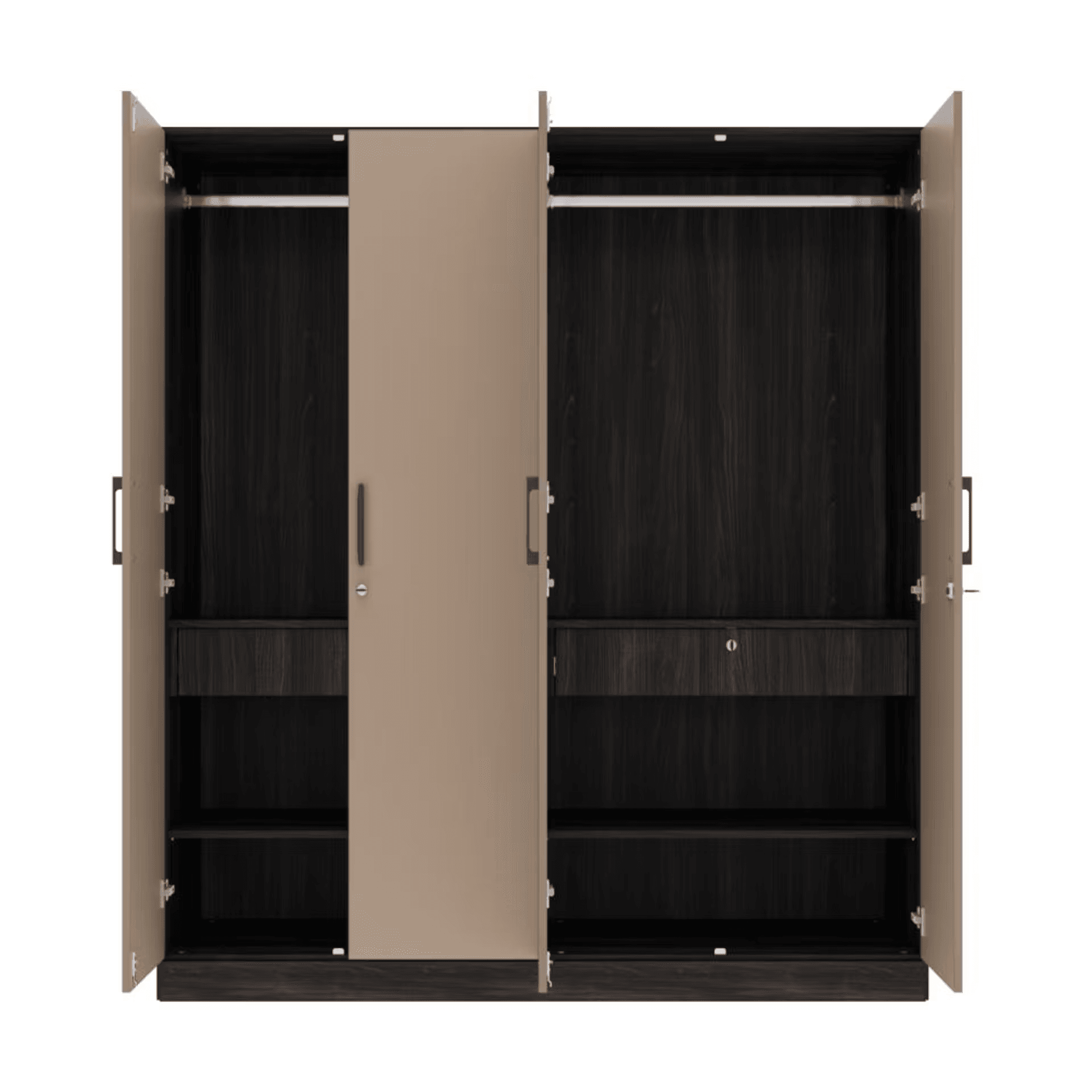 Cashmere Plus 4 Door Wardrobe with 4 Shelves, 2 Drawers, Mirror & 2 Hanging Areas | (Wyoming Maple & Frappe) thumbnail