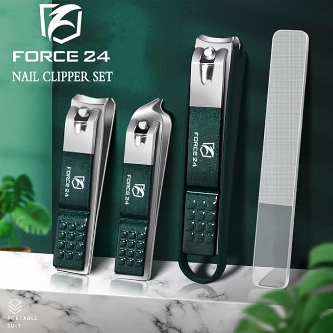 Nail Cutter Set with Glass File – 4 Pieces (Green, Stainless Steel)