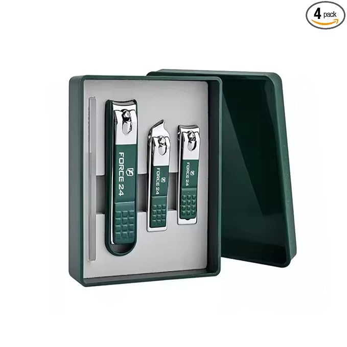 Nail Cutter Set with Glass File – 4 Pieces (Green, Stainless Steel)