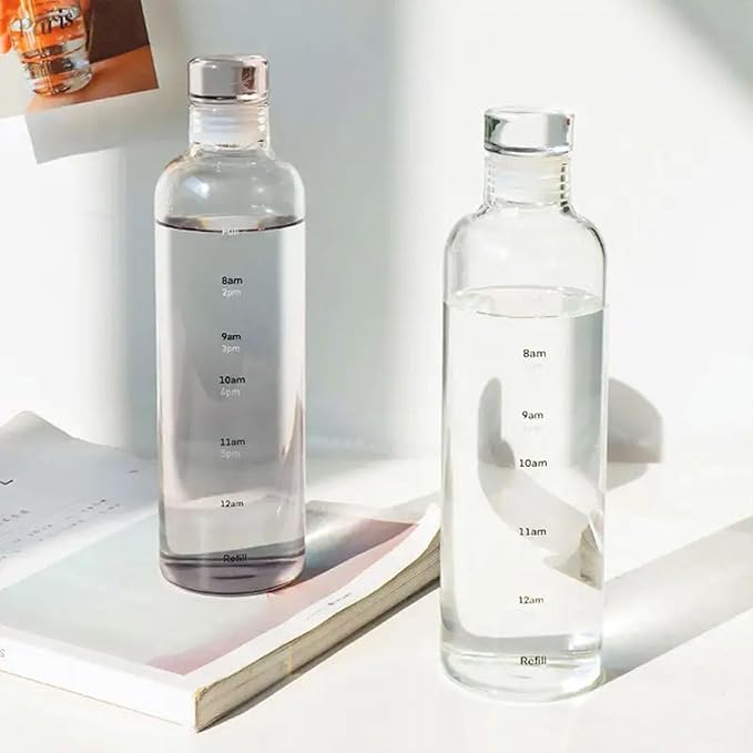 Transparent Glass Water Bottle – 750ML High Borosilicate with Time Scale