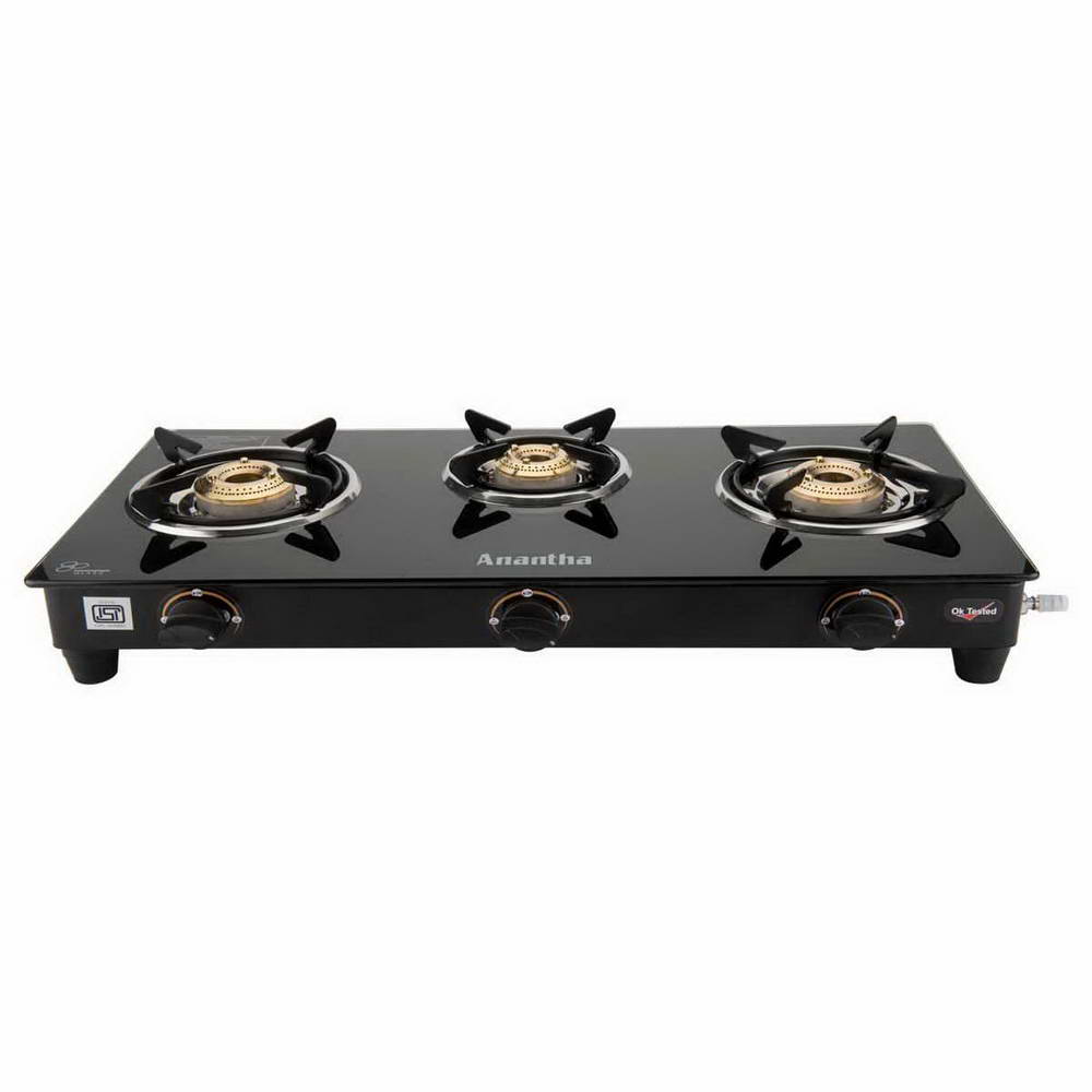 ANANTHA LPG STOVE GLASS TOP 3 BURNER NANO BALCK