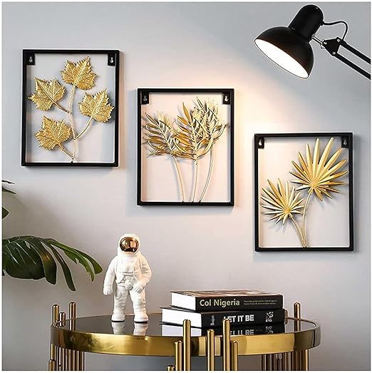 Drozip Metal Leaf Wall Art – 3Pcs Wrought Iron Wall Decor with Black Frame