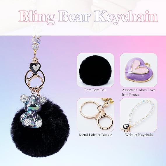 Bear Pom Pom Keychain – Cute Pink Car & Bag Accessory