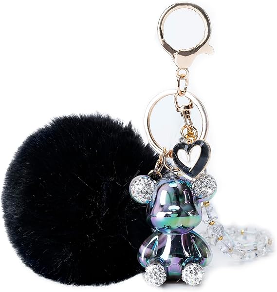 Bear Pom Pom Keychain – Cute Pink Car & Bag Accessory