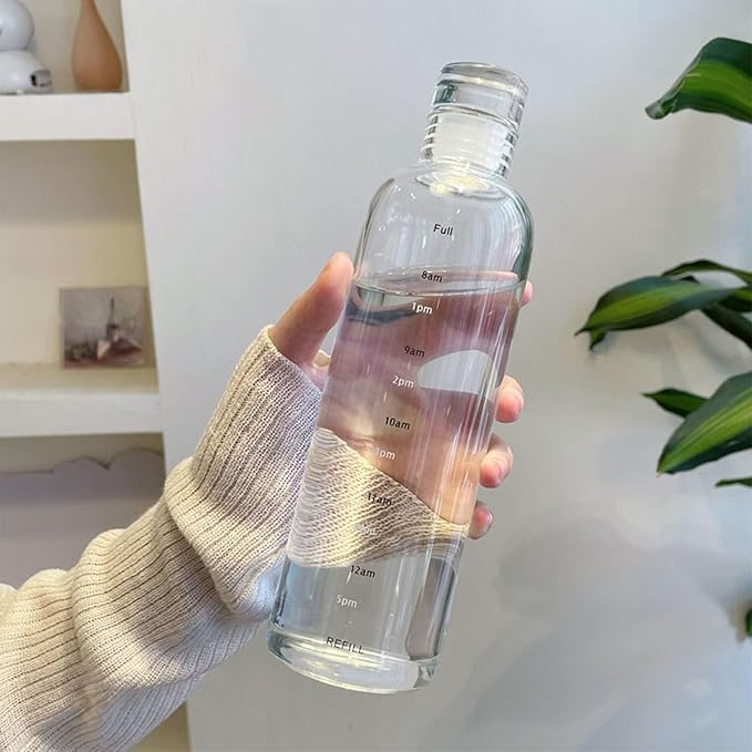Transparent Glass Water Bottle – 750ML High Borosilicate with Time Scale