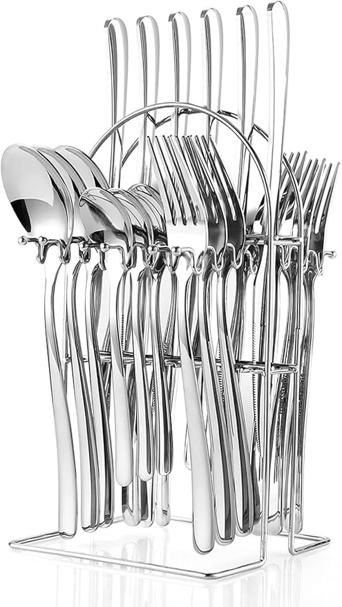 24-Piece Stainless Steel Cutlery Set with Holder – Silver