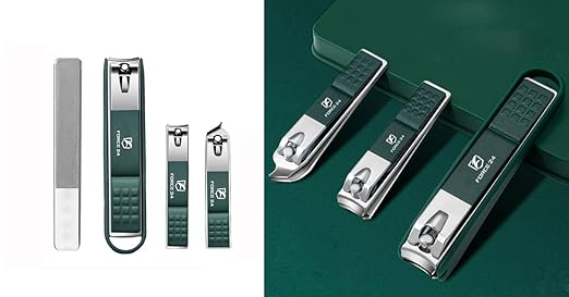 Nail Cutter Set with Glass File – 4 Pieces (Green, Stainless Steel)
