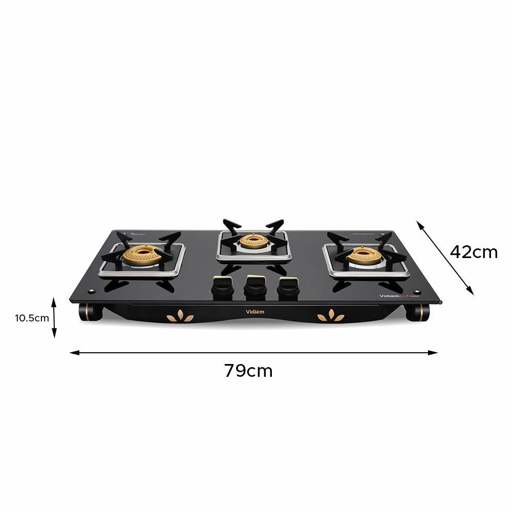 VIDIEM LPG STOVE GLASS TOP 3 BURNER AIR GOLD