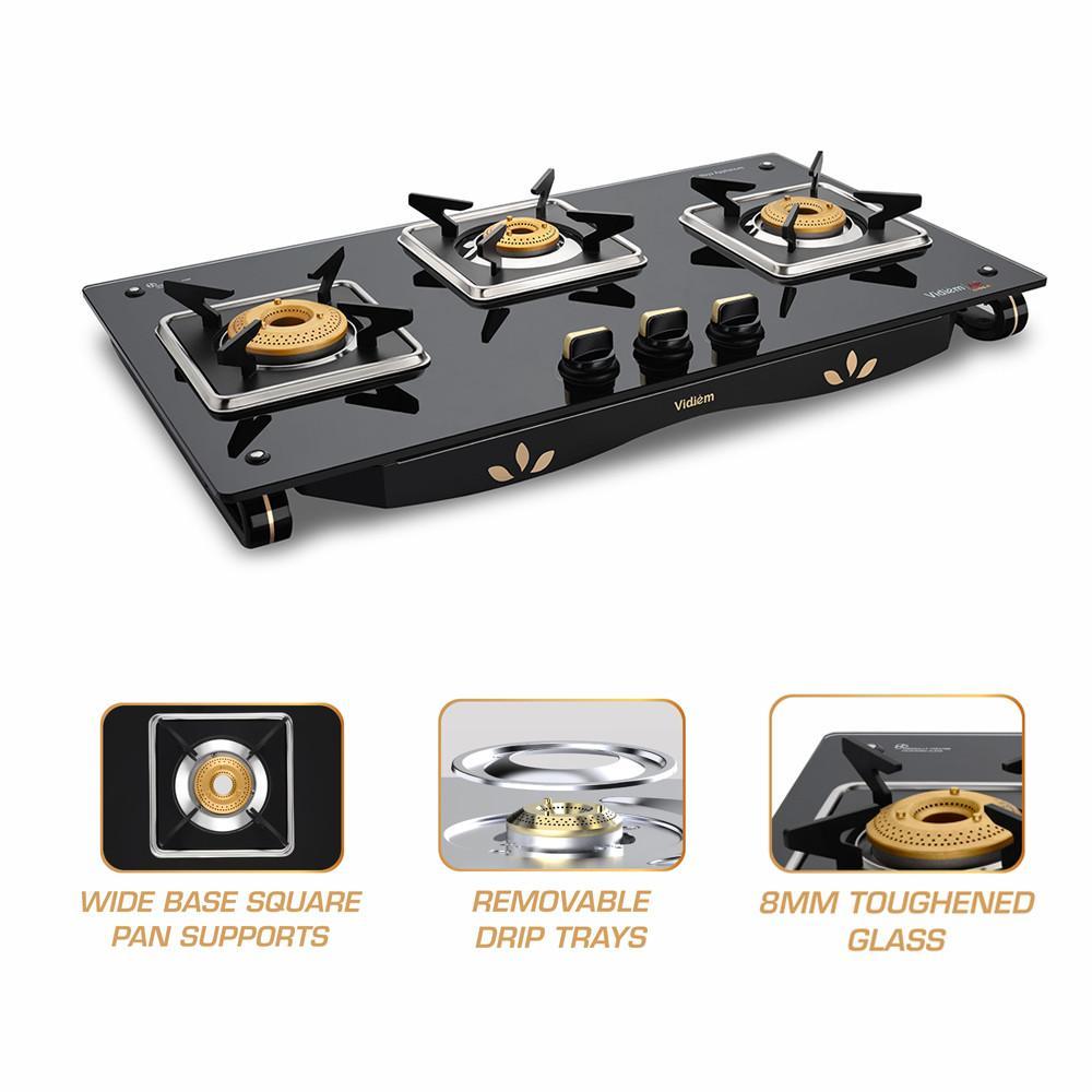 VIDIEM LPG STOVE GLASS TOP 3 BURNER AIR GOLD