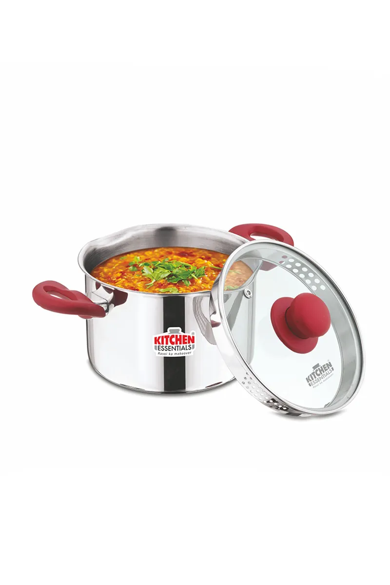 Kitchen Essential Stainless Steel Deep Casserole with Strainer Glass Lid - 2.8 Ltr