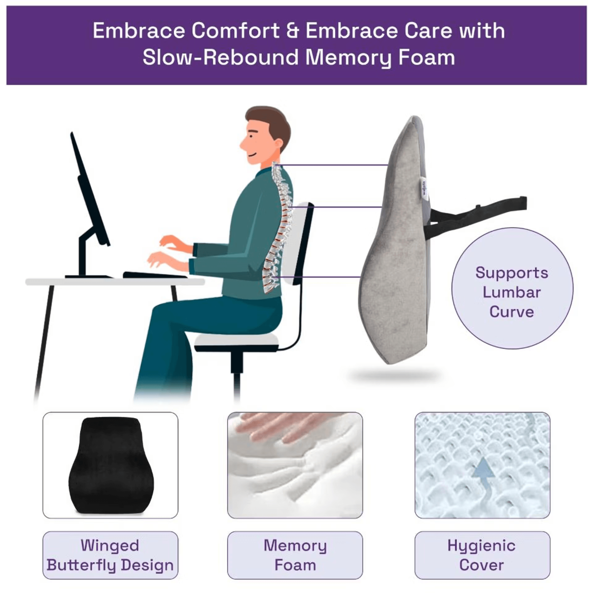 Back Support Cushion | Lumbar, Lower Back & Upper Back Support | Ergonomic, Memory Foam, Pain Relief | Office Chair or Car Seat Cushion | Grey thumbnail