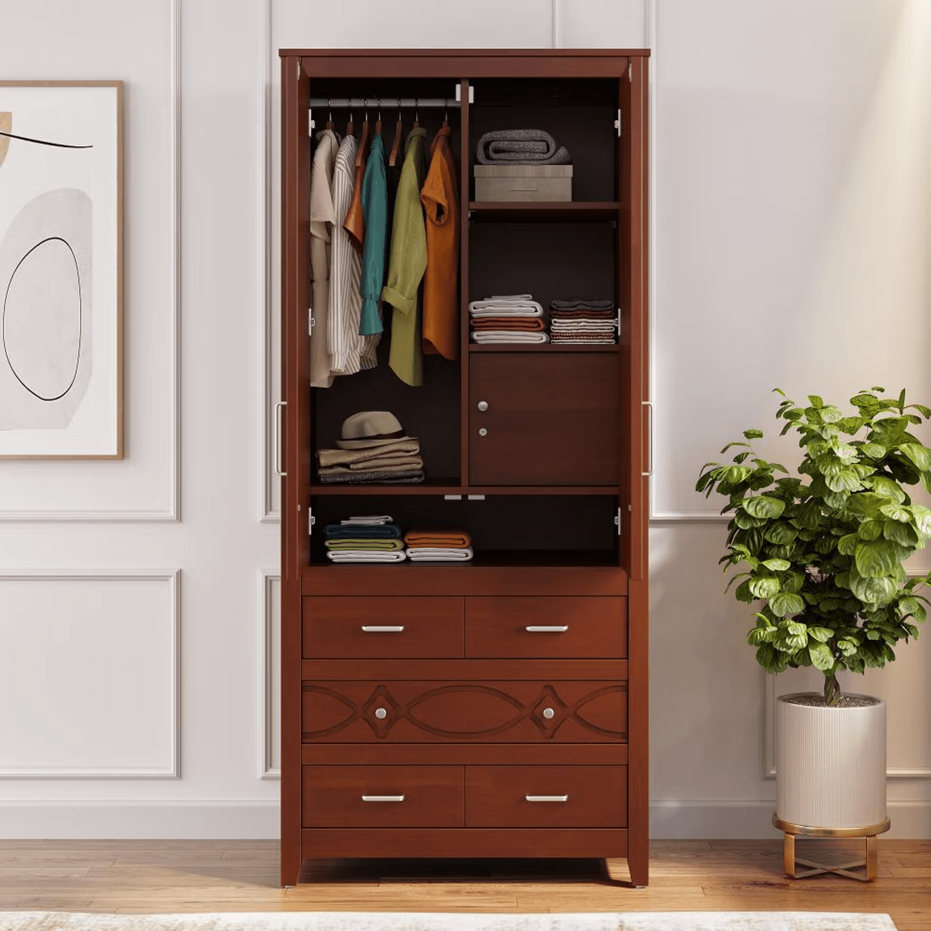 Crinoline Solid wood 2 Door Wardrobe with 5 Drawers & 2 Shelves | Without Mirror | (Golden Brown)  thumbnail