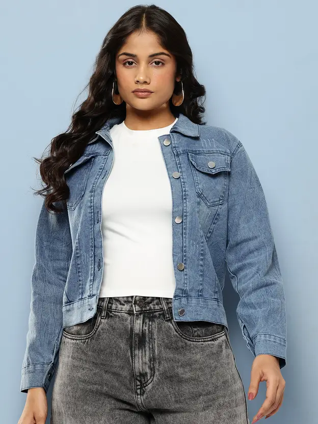 Women solid denim jacket
