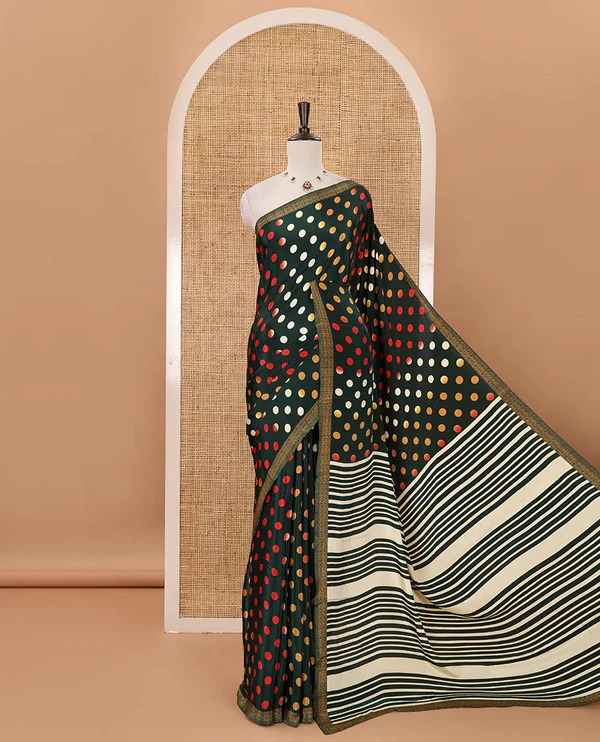 Green colorful polka dots printed satin crepe saree