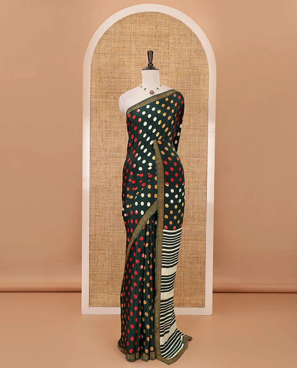 Green colorful polka dots printed satin crepe saree