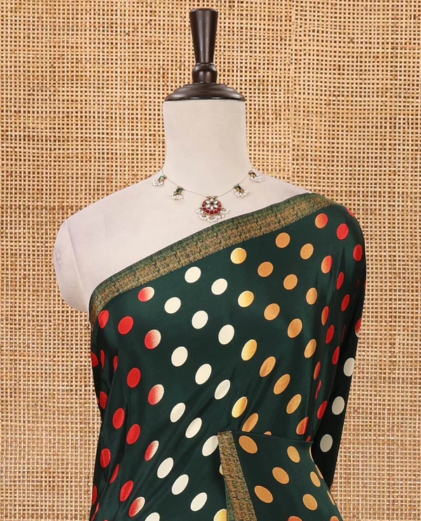 Green colorful polka dots printed satin crepe saree
