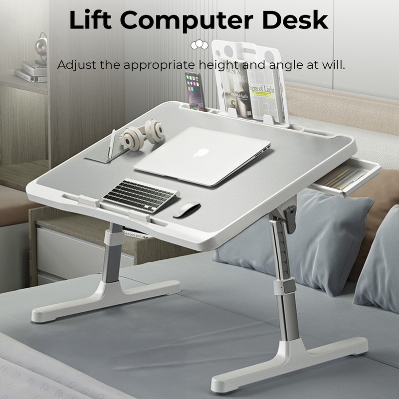 Portable Foldable Laptop Desk with Drawer – Grey (Pre-Assembled)