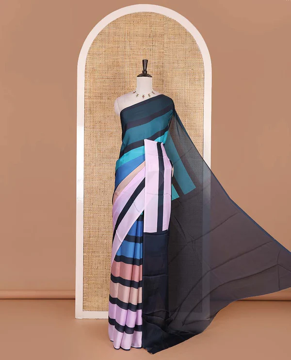 Borderless multi-color striped with sparsely buttas satin crepe saree