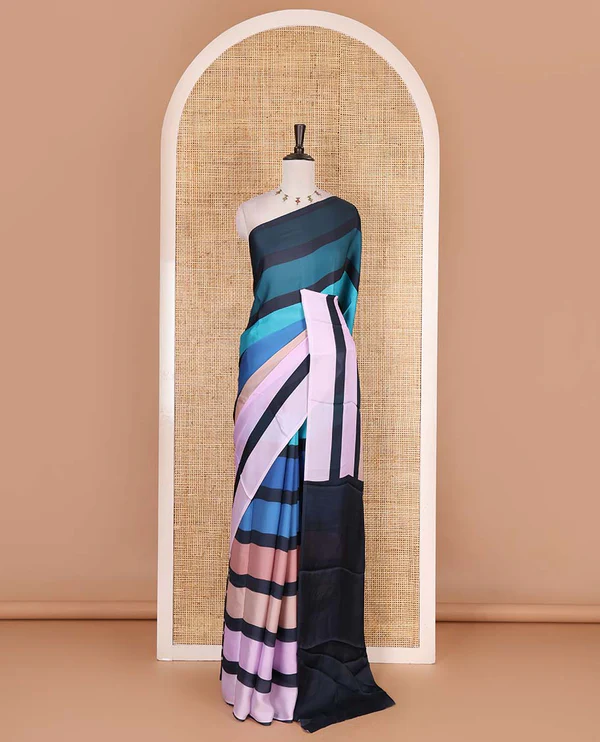 Borderless multi-color striped with sparsely buttas satin crepe saree