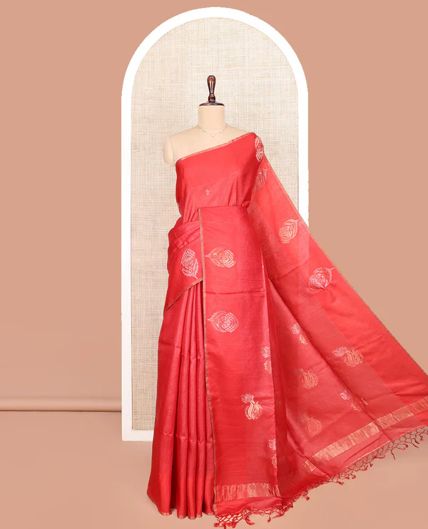 Borderless Red Tussar Silk Saree