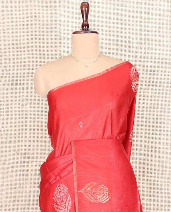 Borderless Red Tussar Silk Saree