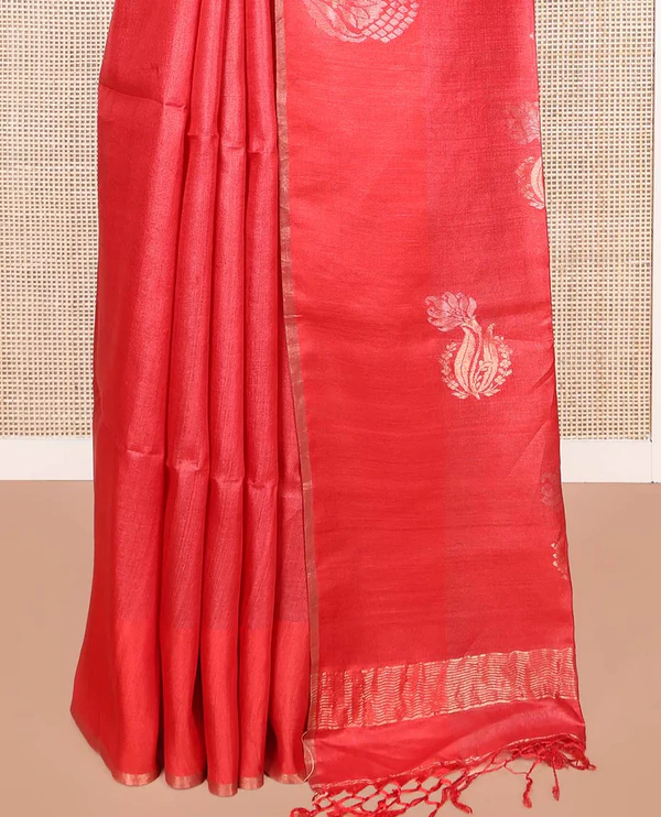 Borderless Red Tussar Silk Saree