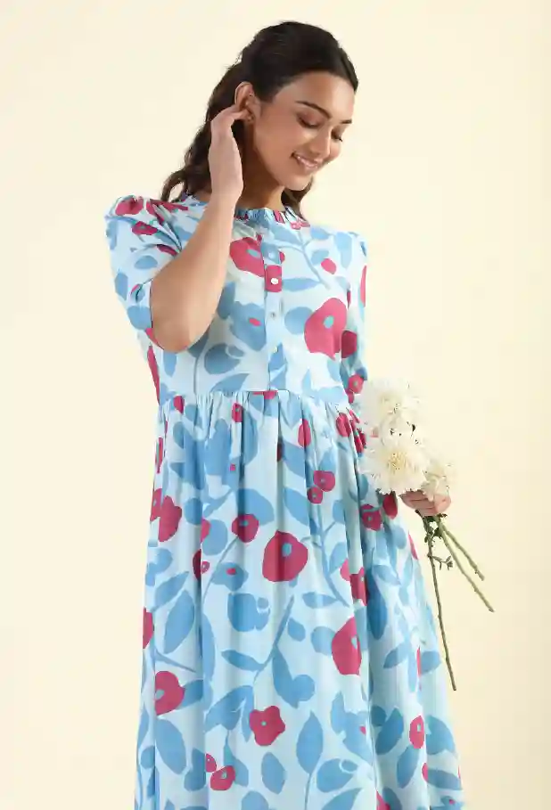 Fragmented Flowers Blue Printed feeding and maternity wear