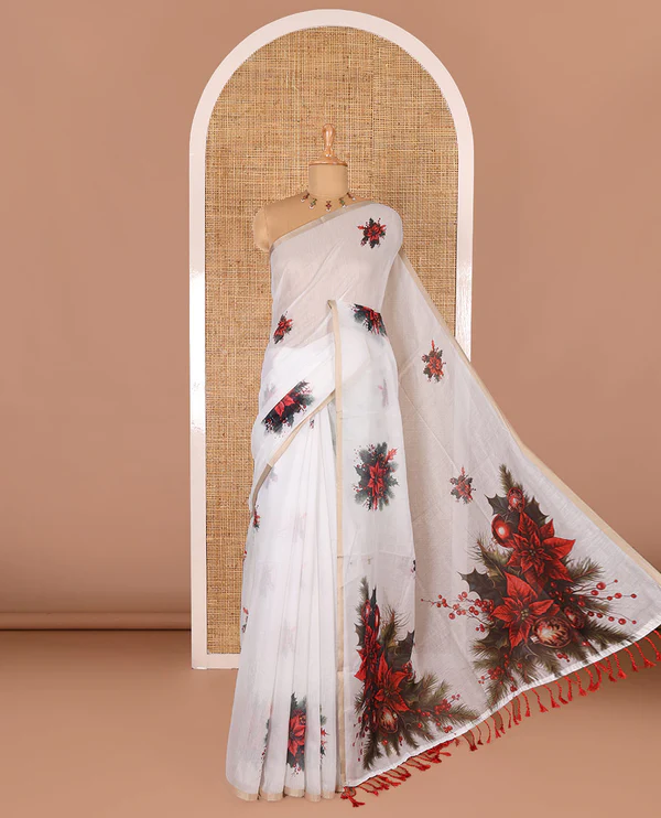 White Christmas poinsettia wreath motifs digital printed Chanderi cotton saree
