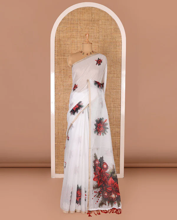 White Christmas poinsettia wreath motifs digital printed Chanderi cotton saree