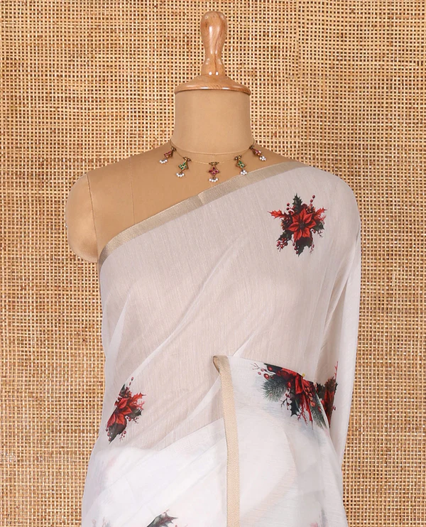 White Christmas poinsettia wreath motifs digital printed Chanderi cotton saree